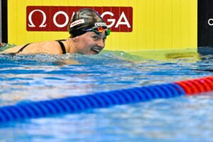 Mona Mc Sharry of Ireland reacts after competing in the 100m Breaststroke Women Heats during the 20th World Aquatics Championships at the Marine Messe Hall A in Fukuoka (Japan), July 24th, 2023.