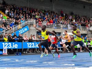 30 July 2023; Israel Olatunde of UCD AC, Dublin, left, celebrates winning the men's 100m during day two of the 123.ie National Senior Outdoor Championships at Morton Stadium in Dublin. Photo by Sam Barnes/Sportsfile