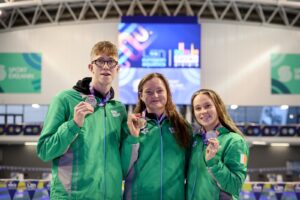 Wiffen, McSharry, Walshe at U23 Europeans. All preparing for FINA World Championships in 2025. Credit: Swim Ireland/Inpho
