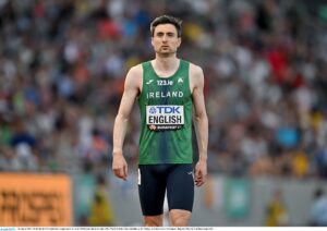 22 August 2023; Mark English of Ireland before competing in the men's 800m heats during day four of the World Athletics Championships at the National Athletics Centre in Budapest, Hungary. Photo by Sam Barnes/Sportsfile