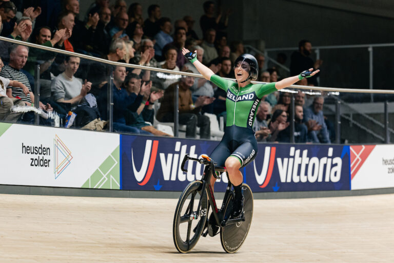 Lara Gillespie celebrates winning the UEC Track Elite European Elimination race.