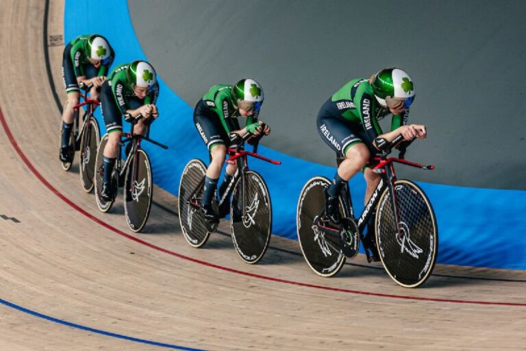 Erin Creighton, Esther Wong, Aoife O'Brien and Emma Jeffers in action during the Team Pursuit at the UEC European Track Championships 2025. Photo credit: Cycling Ireland