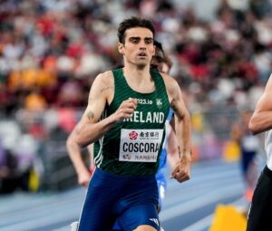 21 March 2025; Andrew Coscoran of Ireland in action during the men's 1500m heats on day one of the World Indoor Athletics Championships at Nanjing's Cube Gymnasium at the Nanjing Youth Olympic Sports Park in Nanjing, China. Photo by Sportsfile