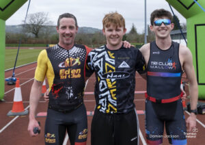 Carlow Duathlon Men's Podium 2025, Winner Donal Mongey, 2nd Christopher Horgan, 3rd Enda Bagnall. Credit: Damien Jackson