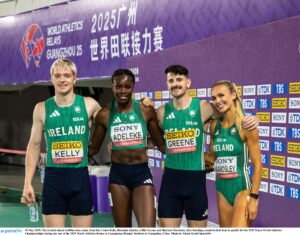 The Ireland mixed 4x400m relay team, from left, Conor Kelly, Rhasidat Adeleke, Cillín Greene and Sharlene Mawdsley after finishing second in their heat to qualify for the 2025 Tokyo World Athletics Championships during day one of the 2025 World Athletics Relays at Guangdong Olympic Stadium in Guangzhou, China. Photo by Nikola Krstic/Sportsfile