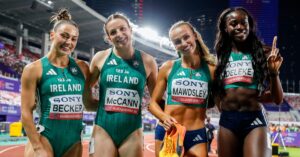 he Ireland women's 4x400m relay team, from left, Sophie Becker, Rachel McCann, Sharlene Mawdsley and Rhasidat Adeleke after winning the women's 4x400m World Championship Qualifying Round 2 and qualifying for the 2025 Tokyo World Athletics Championships during day two of the 2025 World Athletics Relays at Guangdong Olympic Stadium in Guangzhou, China. Photo by Nikola Krstic/Sportsfile