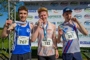 L-R. Pierre Murchan, James Gormley, Killian Mooney at the National 5k Championships 2025. Credit: Athletics Ireland