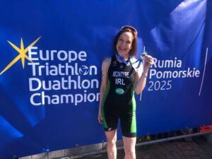 Martina McIntyre (55-59 AG) wins gold at 2025 European Sprint & Standard Distance Duathlon Championships Rumia, Poland. Credit: Triathlon Ireland