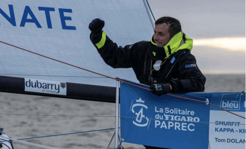 Tom Dolan Irish sailor celebrates winning Soltaire du Paprec Credit Alexis Courcoux