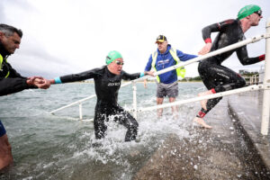 Athletes exit the water at the 2025 Skerries Triathlon, Credit: Andrew Conan, INPHO Photography
