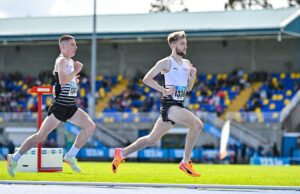 29 July 2023; Nick Griggs of Candour Track AC, right, and Callum Morgan of Candour Track AC, compete in the men's 1500m during day one of the 123.ie National Senior Outdoor Championships at Morton Stadium in Dublin. Photo by Sam Barnes/Sportsfile *** NO REPRODUCTION FEE ***