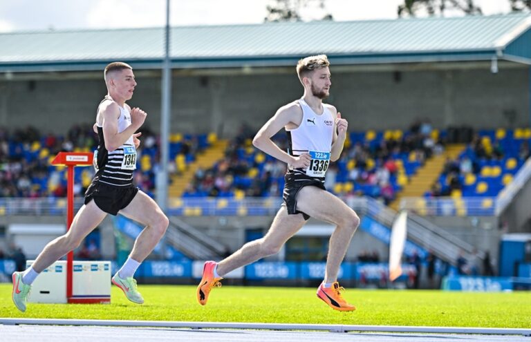 29 July 2023; Nick Griggs of Candour Track AC, right, and Callum Morgan of Candour Track AC, compete in the men's 1500m during day one of the 123.ie National Senior Outdoor Championships at Morton Stadium in Dublin. Photo by Sam Barnes/Sportsfile *** NO REPRODUCTION FEE ***