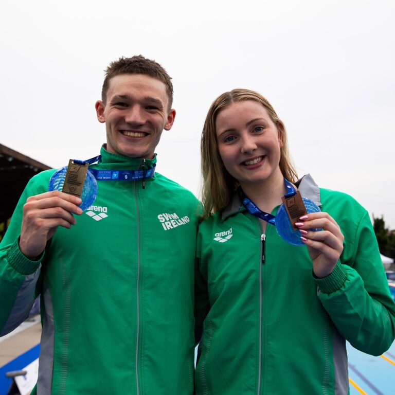 John Shortt, 100 Backstroke Gold, and Grace Davison, 200 IM Bronze, at the European Aquatics Junior Swimming Championships – Šamorín, July 2025 Credit: Swim Ireland