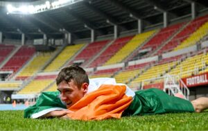 21 July 2025; Ben Sykes of Team Ireland celebrates after winning bronze in the boys 100m sprint final at Todor Proeski National Arena during day one of the 2025 European Youth Summer Olympic Festival in Skopje, North Macedonia. Photo by Tyler Miller/Sportsfile