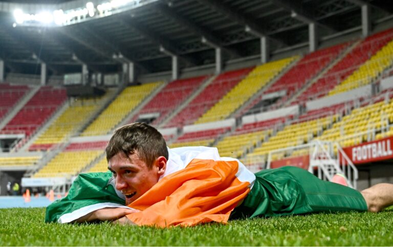 21 July 2025; Ben Sykes of Team Ireland celebrates after winning bronze in the boys 100m sprint final at Todor Proeski National Arena during day one of the 2025 European Youth Summer Olympic Festival in Skopje, North Macedonia. Photo by Tyler Miller/Sportsfile