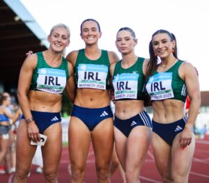 Sarah Leahy, Lauren Roy, Ciara Neville and Sarah Lavin clock 43.73 to break the 2018 Irish senior record (43.80) at the London Diamond League. Credit: Athletics Ireland