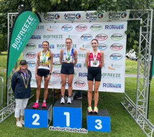 Meghan Ryan (Dundrum South Dublin) 57.57 Jessica Craig (North Down AC) 58.22 Dee Grady (Ennis Track) 59.09. Irish 10 mile championship podium 2025. Credit: Athletics Ireland