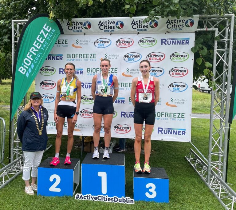 Meghan Ryan (Dundrum South Dublin) 57.57 Jessica Craig (North Down AC) 58.22 Dee Grady (Ennis Track) 59.09. Irish 10 mile championship podium 2025. Credit: Athletics Ireland