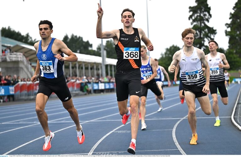 3 August 2025; Cathal Doyle of Clonliffe Harriers AC, Dublin, centre, celebrates after winning the senior men's 1500m, ahead of Andrew Coscoran of Star of the Sea AC, Meath, left, and Nick Griggs of CNDR Track AC, right, during day two of the 153rd 123.ie National Track & Field Senior Championships at Morton Stadium in Dublin. Photo by Sam Barnes/Sportsfile