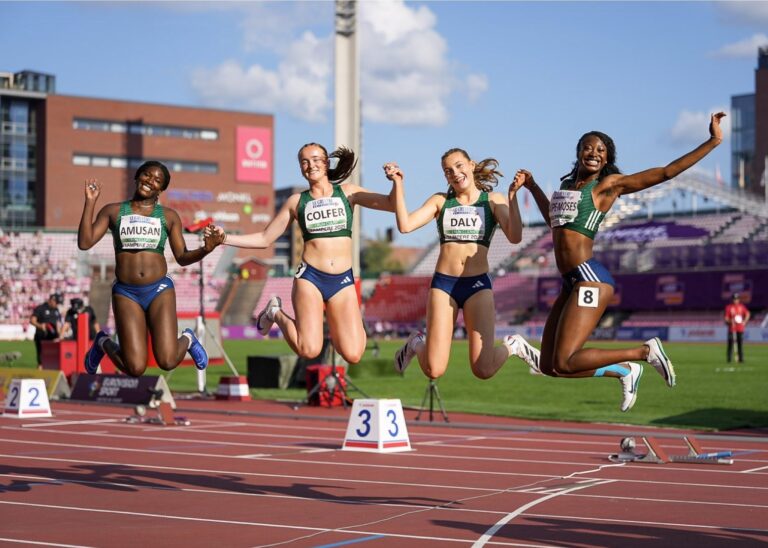 the Women’s 4x100m relay team of Fatima Amusan (Leevale AC), Molly Daly (Kilkenny City Harriers), Leila Colfer (St Laurence O’Toole AC) and Precious Akpe-Moses (Blackrock AC) at the 2025 European U20 Athletics Championships. Credit: Eric Bellamy via Athletics Ireland