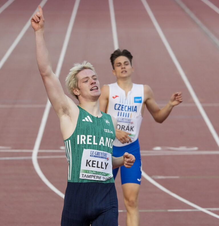 Conor Kelly wins gold in the 400m at the European U20 Athletics Championships. Credit: Athletics Ireland