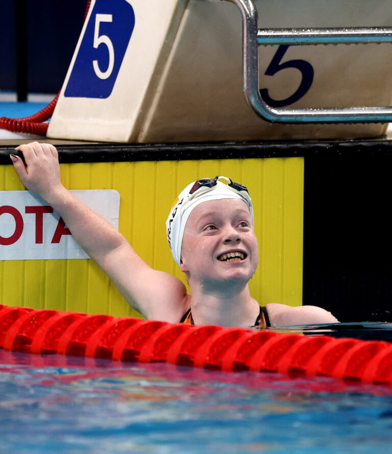 27 September 2025; Dearbhaile Brady of team Ireland reacts after winning silver in the final of the Women's 50m Butterfly S6 during day seven of the Toyota World Para Swimming Championships at the OCBC Aquatic Centre in Singapore. Photo by Ian MacNicol/Sportsfile *** NO REPRODUCTION FEE ***
