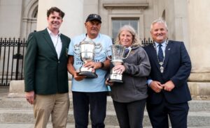 Derek Wilkes and Liz Keary after winning the 105th Liffey Swim, 2025. Credit: Swim Ireland