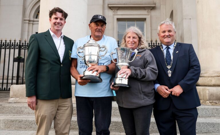 Derek Wilkes and Liz Keary after winning the 105th Liffey Swim, 2025. Credit: Swim Ireland
