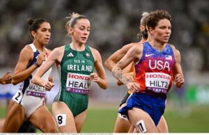 16 September 2025; Sarah Healy of Ireland, left, and Nikki Hiltz of United States competes in the women's 1500m final during day four of the World Athletics Championships Tokyo 2025 at Japan National Stadium in Tokyo, Japan. Photo by Sam Barnes/Sportsfile