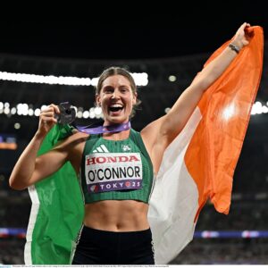 20 September 2025; Kate O'Connor of Ireland celebrates after winning silver in the women's heptathlon during day eight of the World Athletics Championships Tokyo 2025 at Japan National Stadium in Tokyo, Japan. Photo by Sam Barnes/Sportsfile
