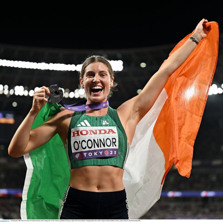 20 September 2025; Kate O'Connor of Ireland celebrates after winning silver in the women's heptathlon during day eight of the World Athletics Championships Tokyo 2025 at Japan National Stadium in Tokyo, Japan. Photo by Sam Barnes/Sportsfile