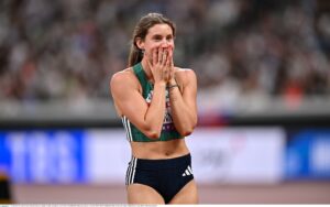 19 September 2025; Kate O'Connor of Ireland celebrates a clearance of 1.86m, a personal best, in the Women's Heptathlon High Jump event during day seven of the World Athletics Championships Tokyo 2025 at Japan National Stadium in Tokyo, Japan. Photo by Sam Barnes/Sportsfile