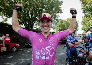 Rás na mBan 7/9/2025 Kilkenny Criterium Alice McWilliam celebrates overall victory after this afternoons criterium. Mandatory Credit ©Lorraine O’Sullivan