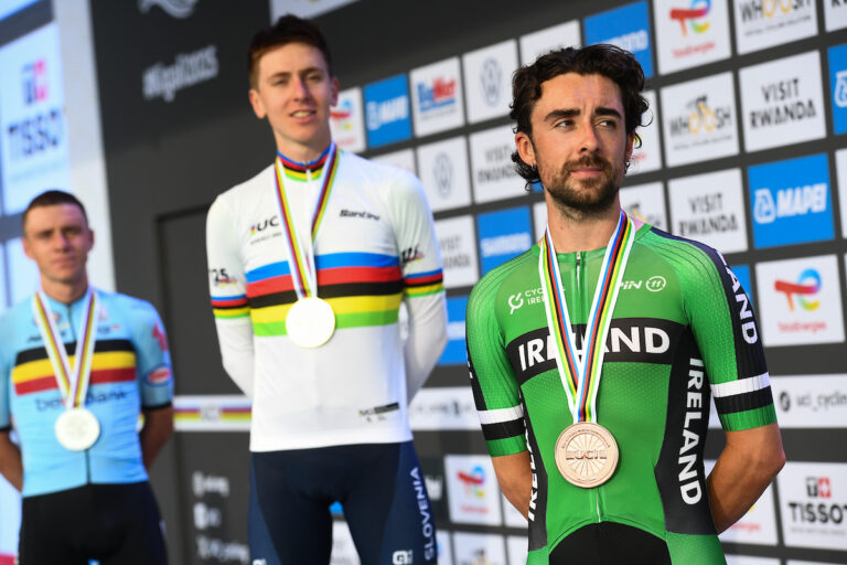 Picture by Simon Wilkinson/SWpix.com - 28/09/2025 - Cycling - 2025 UCI Road World Championships - Kigali Convention Centre, Kigali, Rwanda - Men Elite Road Race - Ben Healy (Ireland) receiving the Bronze Medal. (Via Cycling Ireland)