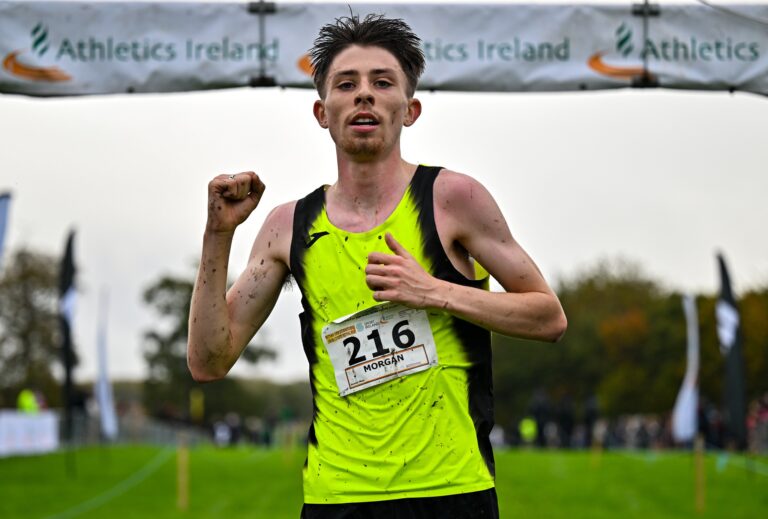 19 October 2025; Callum Morgan of CNDR Track AC, celebrates winning the senior men's 8000m during the National Autumn Cross County & Relays at the Sport Ireland National Cross Country Track in Abbotstown, Dublin. Photo by Sam Barnes/Sportsfile *** NO REPRODUCTION FEE ***