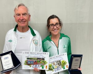 John MacDermott and Annette Kealy celebrate at the European Masters Athletics Championships 2025. Credit: via Athletics Ireland