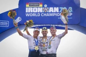 IM70.3 World Championship 2025 Marbella Men Podium. Credit: Ironman Media