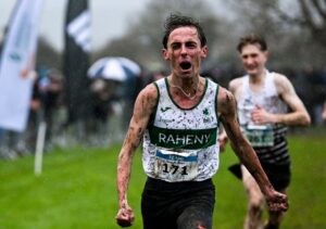 Brian Fay beats Nick Griggs to the line at the 2025 National Cross Country Championships in Derry. Credit: Athletics Ireland