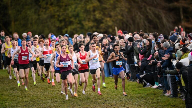 17 November 2024; A general view during the Senior Men's race during the 123.ie National Senior, Junior and Juvenile Even Age Cross Country Championships at Castle Irvine Estate in Irvinestown, Fermanagh. Photo by Ramsey Cardy/Sportsfile *** NO REPRODUCTION FEE ***