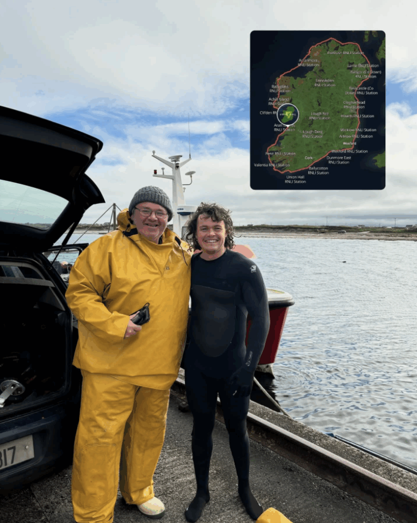 Swim Eire's Daragh Morgan with his boat captain Dara Bailey after completing his Swim Around Ireland. 