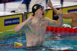 John Shortt becomes European Champion, 200 back, 2025. European Short Course Championships 2025. Credit: Swim Ireland