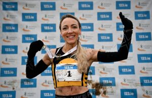 7 December 2025; Dearbhla Cox of Annadale Striders, Antrim, celebrates after winning the Novice Women 4000m during the 123.ie National Novice and Juvenile Uneven Age Cross Country Championships at the Sport Ireland National Cross Country Track in Abbotstown, Dublin. Photo by Tyler Miller/Sportsfile *** NO REPRODUCTION FEE ***