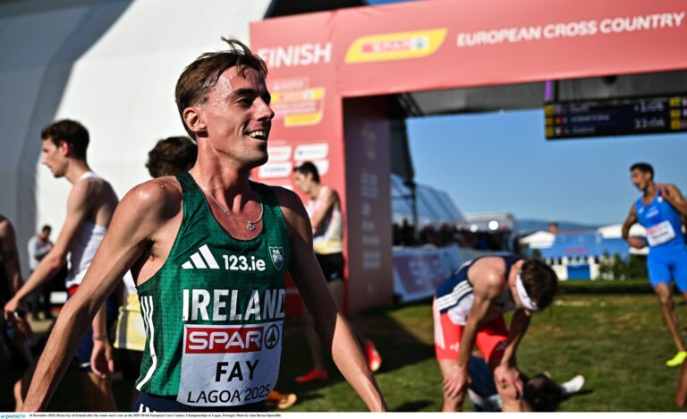 14 December 2025; Brian Fay of Ireland after the senior men's race at the 2025 SPAR European Cross Country Championships in Lagoa, Portugal. Photo by Sam Barnes/Sportsfile