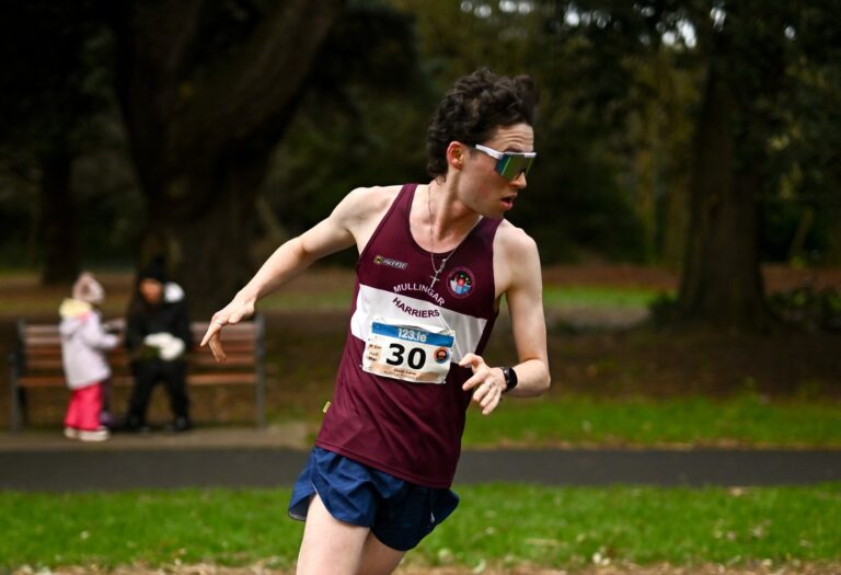 14 December 2025; Oisin Lane of Mulligar Harriers AC, Westmeath, competes in the Male Senior Half Marathon during the 123.ie National Senior 20k, U20 & Master 10k Walks Championship at St Annes Park in Raheny, Dublin. Photo by Ben McShane/Sportsfile *** NO REPRODUCTION FEE ***