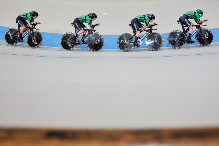 Picture by Alex Whitehead/SWpix.com - 22/10/2025 - Cycling - 2025 Tissot UCI Track World Championships - Velódromo Peñalolén, Santiago, Chile - Women's Team Pursuit - Qualifying - Aoife O’Brien (Ireland), Erin Grace Creighton (Ireland), Fiona Mangan (Ireland), Caoimhe O’Brien (Ireland)