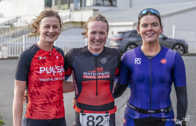 1. Aine Kinsella, Waterford TC, 2. Carmel Moran, Pulse TC, 3. Karen Gillman. Naas Galco Duathlon R2 2026. Credit: Damien Jackson/Triathlon Ireland