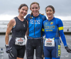 Podium 1. Maura Barry, 2. Geraldine Leete, 3. Kathleen Ryan at the Tramore Medical Duathlon 2026. Credit: Damien Jackson, Triathlon Ireland