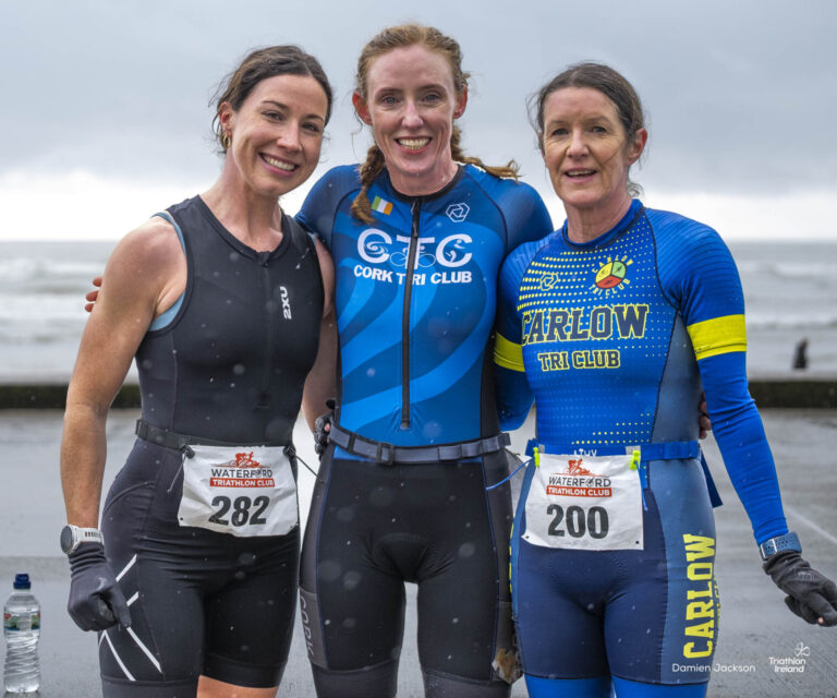 Podium 1. Maura Barry, 2. Geraldine Leete, 3. Kathleen Ryan at the Tramore Medical Duathlon 2026. Credit: Damien Jackson, Triathlon Ireland
