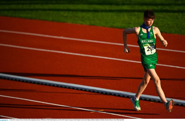 24 July 2023; Seamus Clarke of Ireland while competing in the boys 5000m Race Walk Final during day one of the 2023 Summer European Youth Olympic Festival at the Poljane Athletics Stadium in Maribor, Slovenia. Photo by Tyler Miller/Sportsfile
