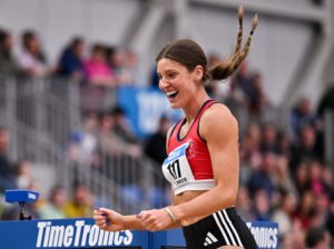 1 March 2026; Kate O'Connor of Dundalk St Gerards AC, Louth, celebrates after jumping 6.50m in the women's long jump during day two of the 123.ie National Senior Indoor Championships at the National Indoor Arena on the Sport Ireland Campus in Dublin. Photo by Sam Barnes/Sportsfile *** NO REPRODUCTION FEE ***